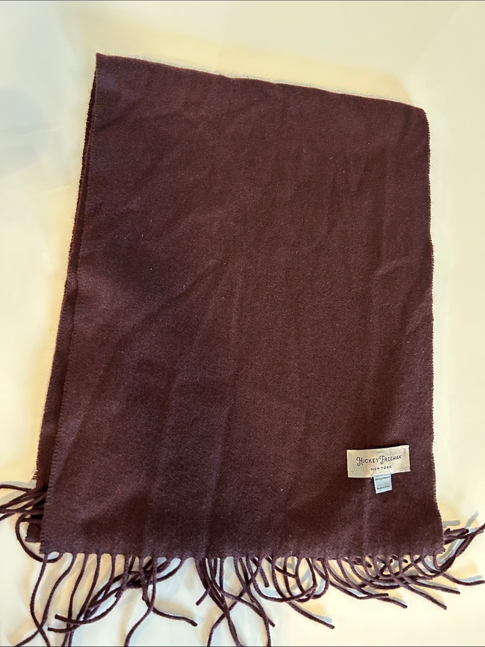 Hickey Freeman Deep Burgundy 100% cashmere Scarf with Fringe made in Italy